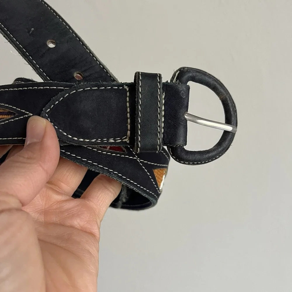 Vintage Blue Leather Southwestern Woven Inlay Belt Boho Artisan 90s Cowgirl